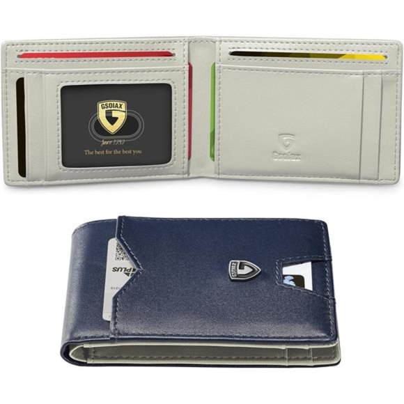 Slim Wallet for Men with 11 card Slots Rfid BlockingDark Blue and Beige